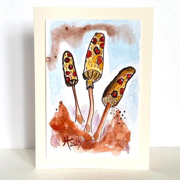 Mushroom Trio Blank Greeting Card Original Handmade Watercolor Artwork Signed - Picture 1 of 6